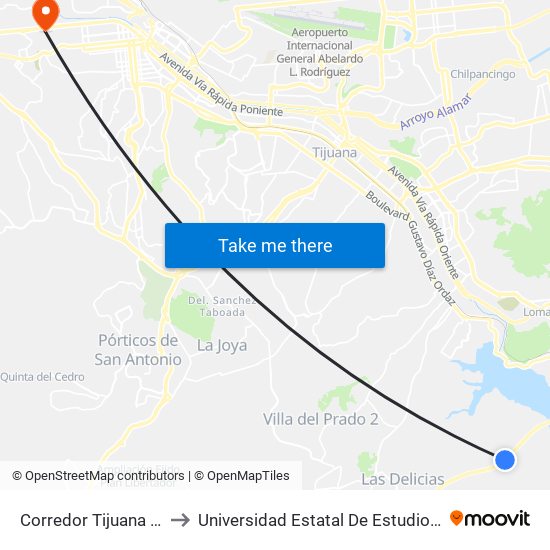 Corredor Tijuana - Rosarito to Universidad Estatal De Estudios Pedagogicos map