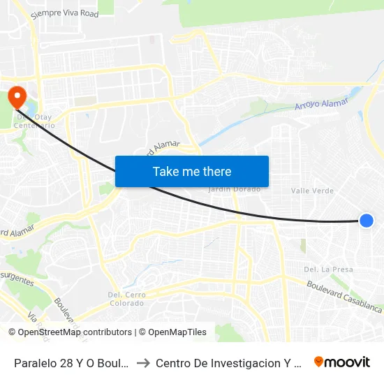 Paralelo 28 Y O Boulevard Matamoros, 23030_V46 to Centro De Investigacion Y Desarrollo De Tecnologia Digital Del Ipn map