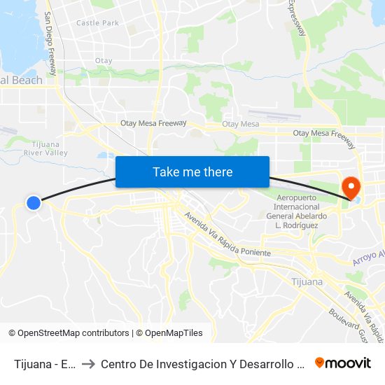 Tijuana - Emsenada to Centro De Investigacion Y Desarrollo De Tecnologia Digital Del Ipn map
