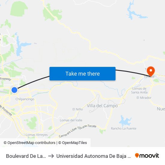 Boulevard De Las Bellas Artes to Universidad Autonoma De Baja California Campus Tecate map