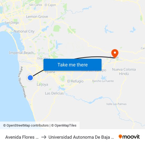 Avenida Flores Magón, 5701 to Universidad Autonoma De Baja California Campus Tecate map