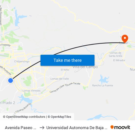 Avenida Paseo Reforma, 7614 to Universidad Autonoma De Baja California Campus Tecate map