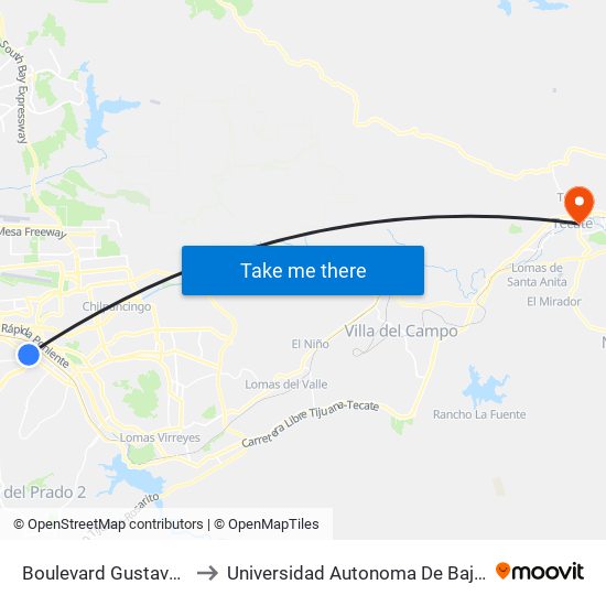 Boulevard Gustavo Diaz Ordaz, 6382 to Universidad Autonoma De Baja California Campus Tecate map