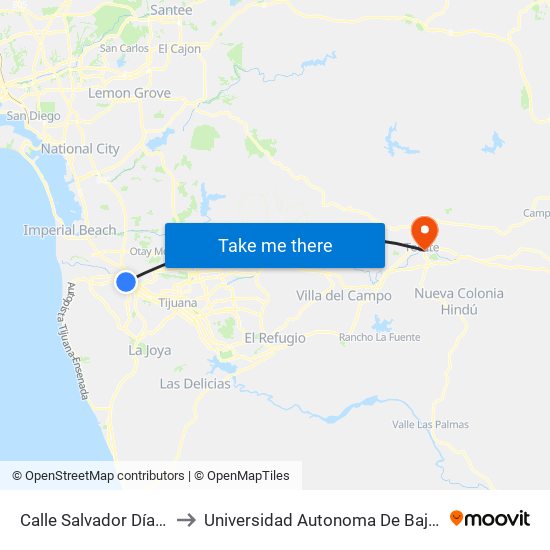 Calle Salvador Díaz Mirón 4ta., 8237 to Universidad Autonoma De Baja California Campus Tecate map