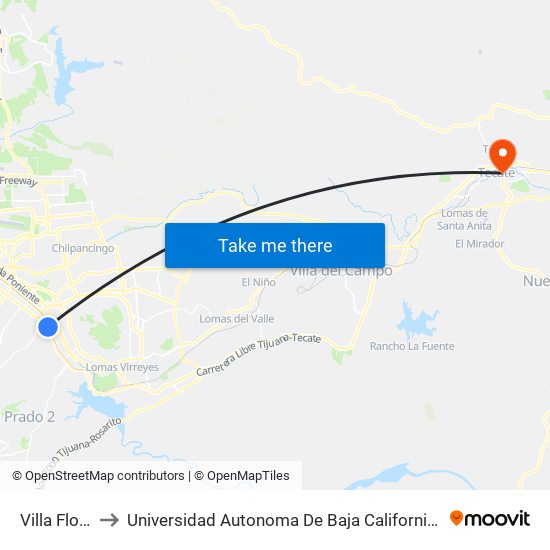 Villa Floresta to Universidad Autonoma De Baja California Campus Tecate map