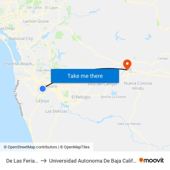 De Las Ferias, 15510 to Universidad Autonoma De Baja California Campus Tecate map