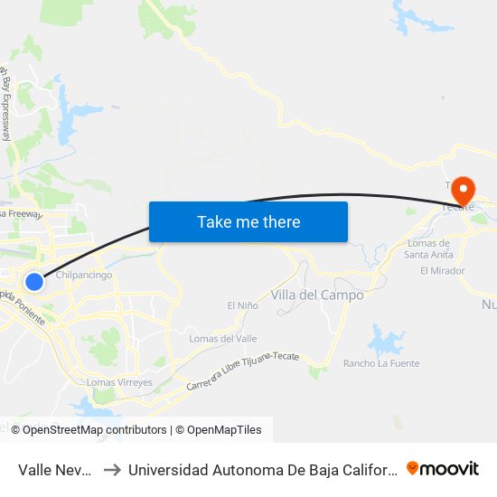 Valle Nevado, Lb to Universidad Autonoma De Baja California Campus Tecate map