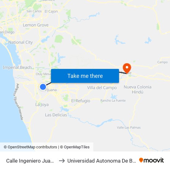 Calle Ingeniero Juan Ojeda Robles, 11920 to Universidad Autonoma De Baja California Campus Tecate map