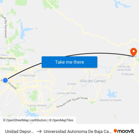 Unidad Deportiva Tijuana to Universidad Autonoma De Baja California Campus Tecate map