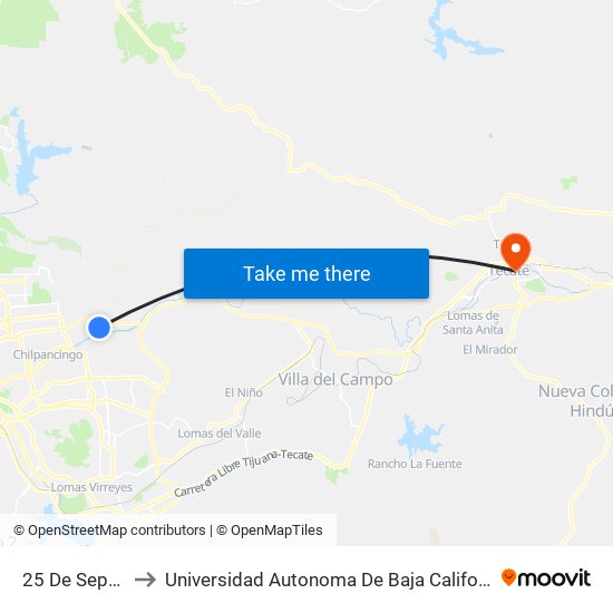 25 De Septiembre to Universidad Autonoma De Baja California Campus Tecate map