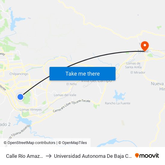 Calle Río Amazonas, 20617 to Universidad Autonoma De Baja California Campus Tecate map