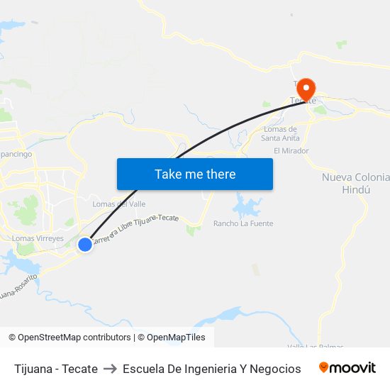 Tijuana - Tecate to Escuela De Ingenieria Y Negocios map