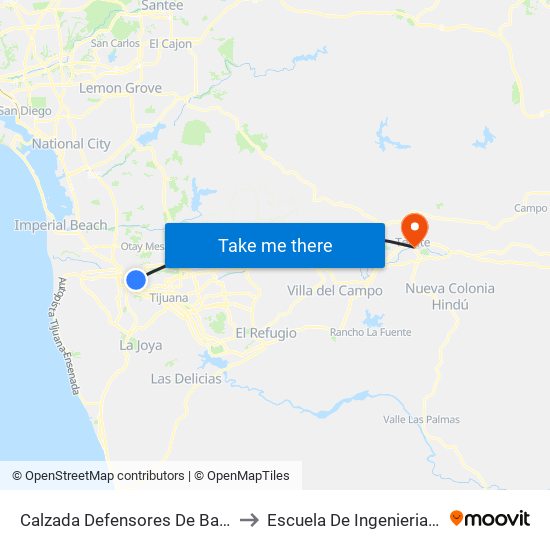 Calzada Defensores De Baja California, 2 to Escuela De Ingenieria Y Negocios map
