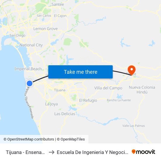 Tijuana - Ensenada to Escuela De Ingenieria Y Negocios map