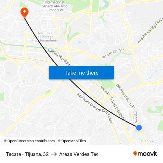 Tecate - Tijuana, 32 to Areas Verdes Tec map