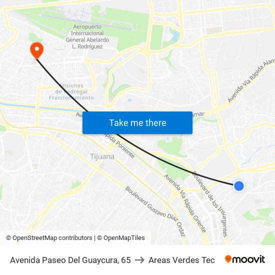 Avenida Paseo Del Guaycura, 65 to Areas Verdes Tec map