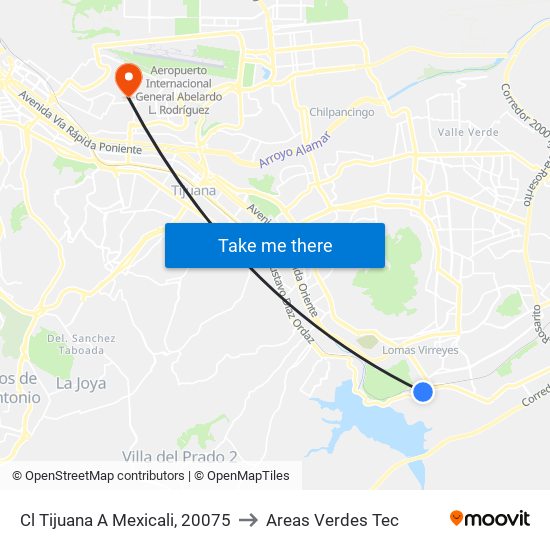 Cl Tijuana A Mexicali, 20075 to Areas Verdes Tec map