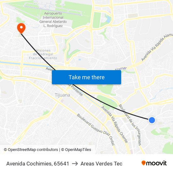 Avenida Cochimies, 65641 to Areas Verdes Tec map