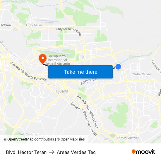 Blvd. Héctor Terán to Areas Verdes Tec map