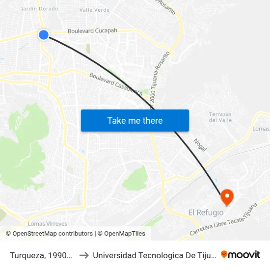 Turqueza, 19908_3 to Universidad Tecnologica De Tijuana map