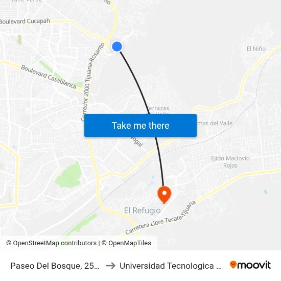 Paseo Del Bosque, 25202_N10 to Universidad Tecnologica De Tijuana map