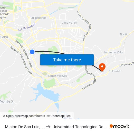 Misión De San Luis, 6956 to Universidad Tecnologica De Tijuana map