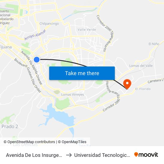 Avenida De Los Insurgentes, 18050 to Universidad Tecnologica De Tijuana map