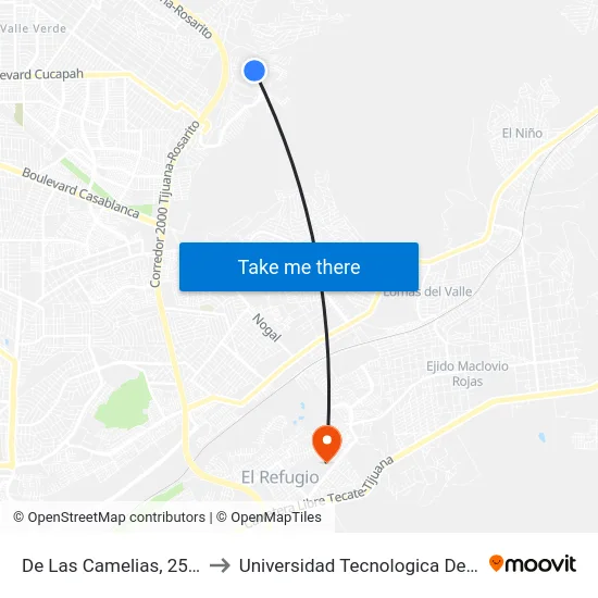 De Las Camelias, 25375_1 to Universidad Tecnologica De Tijuana map