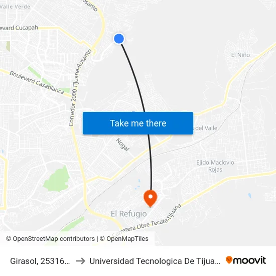 Girasol, 25316_1 to Universidad Tecnologica De Tijuana map