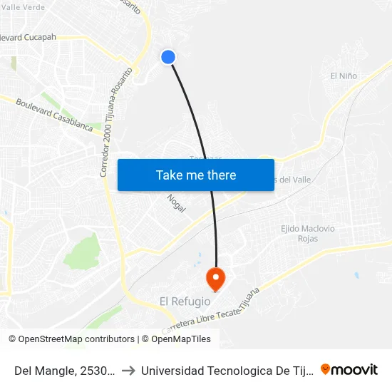Del Mangle, 25306_1 to Universidad Tecnologica De Tijuana map