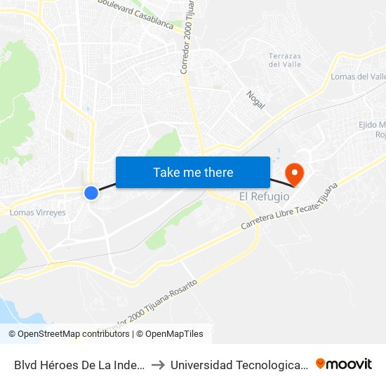 Blvd Héroes De La Independencia to Universidad Tecnologica De Tijuana map