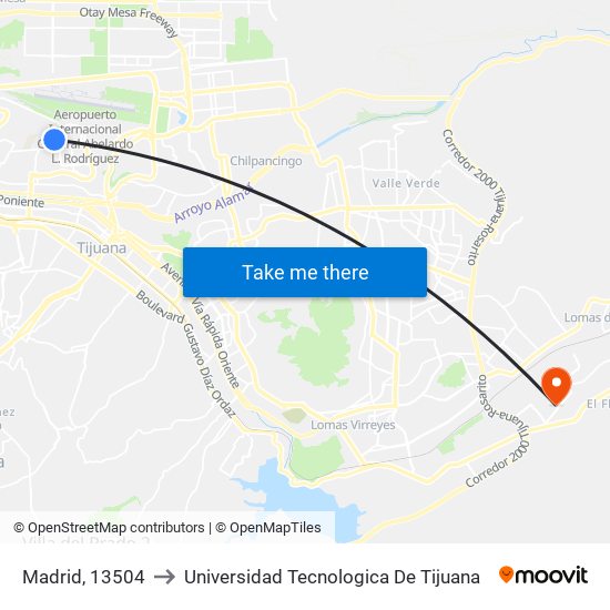 Madrid, 13504 to Universidad Tecnologica De Tijuana map