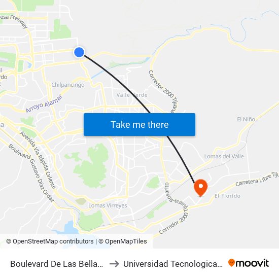 Boulevard De Las Bellas Artes, Lb to Universidad Tecnologica De Tijuana map