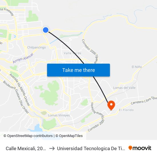 Calle Mexicali, 20385 to Universidad Tecnologica De Tijuana map