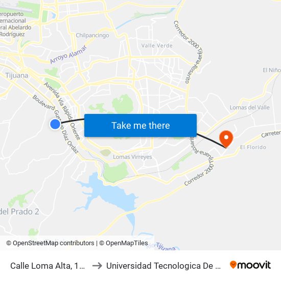Calle Loma Alta, 17108 to Universidad Tecnologica De Tijuana map