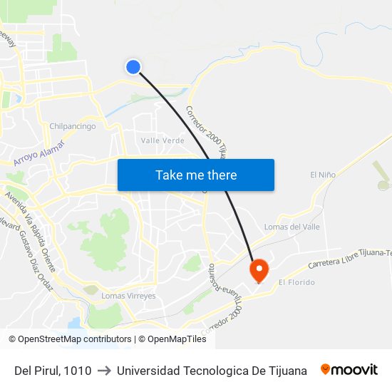 Del Pirul, 1010 to Universidad Tecnologica De Tijuana map