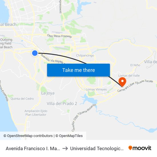 Avenida Francisco I. Madero, 1271 to Universidad Tecnologica De Tijuana map