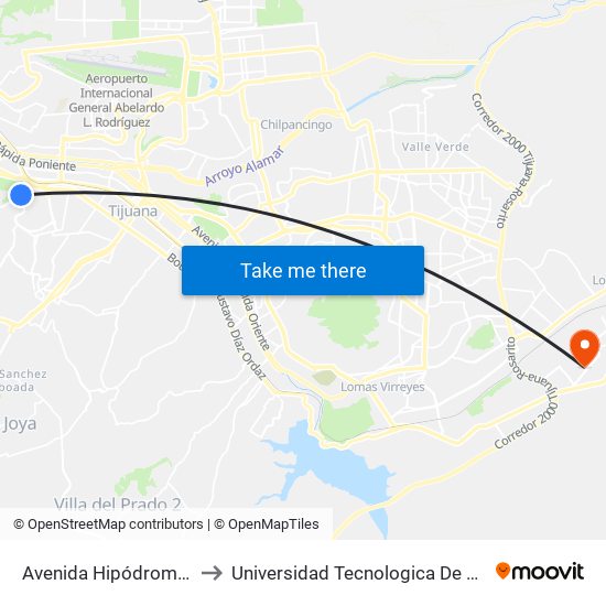 Avenida Hipódromo, 20 to Universidad Tecnologica De Tijuana map