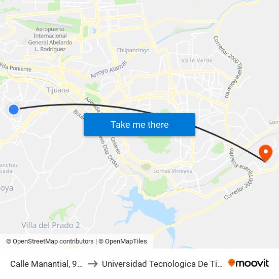 Calle Manantial, 9735 to Universidad Tecnologica De Tijuana map