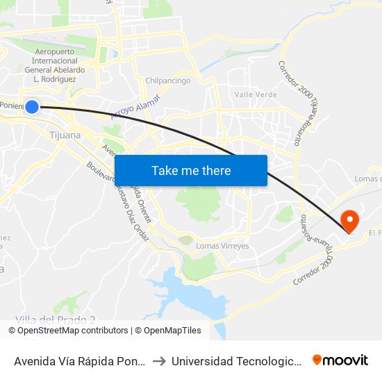 Avenida Vía Rápida Poniente, 1302 to Universidad Tecnologica De Tijuana map