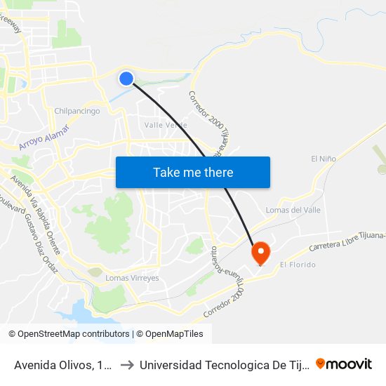 Avenida Olivos, 1265 to Universidad Tecnologica De Tijuana map
