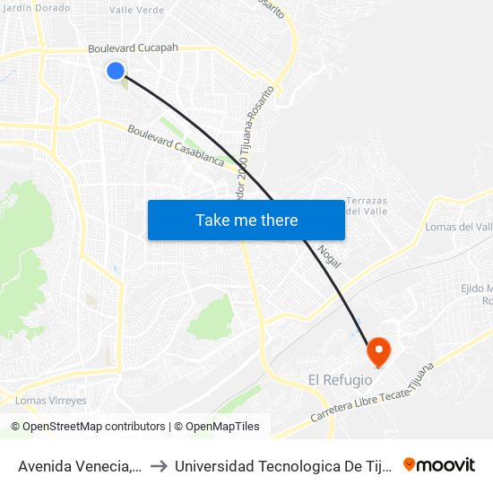 Avenida Venecia, B1 to Universidad Tecnologica De Tijuana map