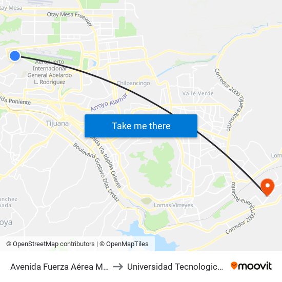 Avenida Fuerza Aérea Mexicana, 20 to Universidad Tecnologica De Tijuana map