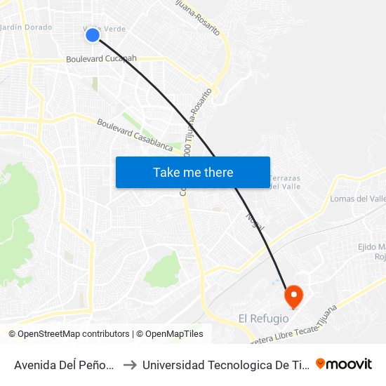 Avenida Deĺ Peñon, Lb to Universidad Tecnologica De Tijuana map