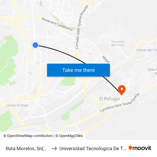 Ruta Morelos, Sn(Lt44) to Universidad Tecnologica De Tijuana map