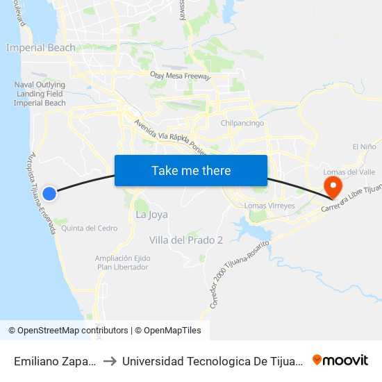 Emiliano Zapata to Universidad Tecnologica De Tijuana map
