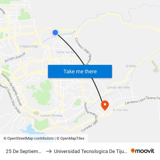 25 De Septiembre to Universidad Tecnologica De Tijuana map