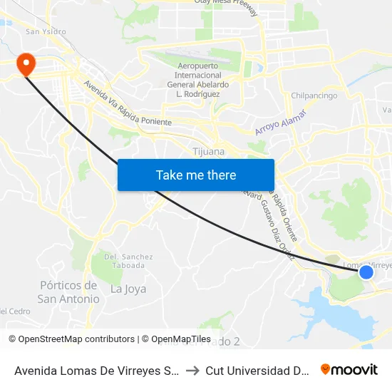 Avenida Lomas De Virreyes Sur, 11217_B to Cut Universidad De Tijuana map