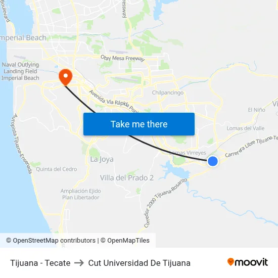 Tijuana - Tecate to Cut Universidad De Tijuana map