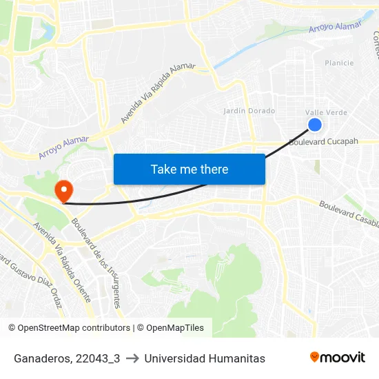 Ganaderos, 22043_3 to Universidad Humanitas map